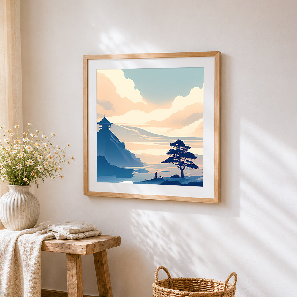 Oriental pine tree and pavilion cross stitch artwork displayed on wall as home decor