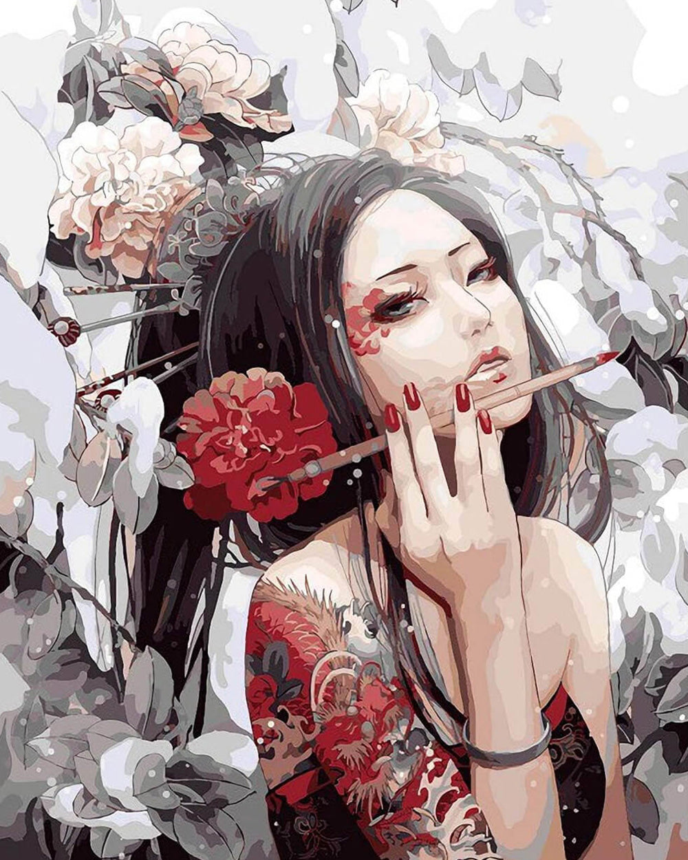 Oriental woman with tattoos and flowers cross stitch kit for beginners