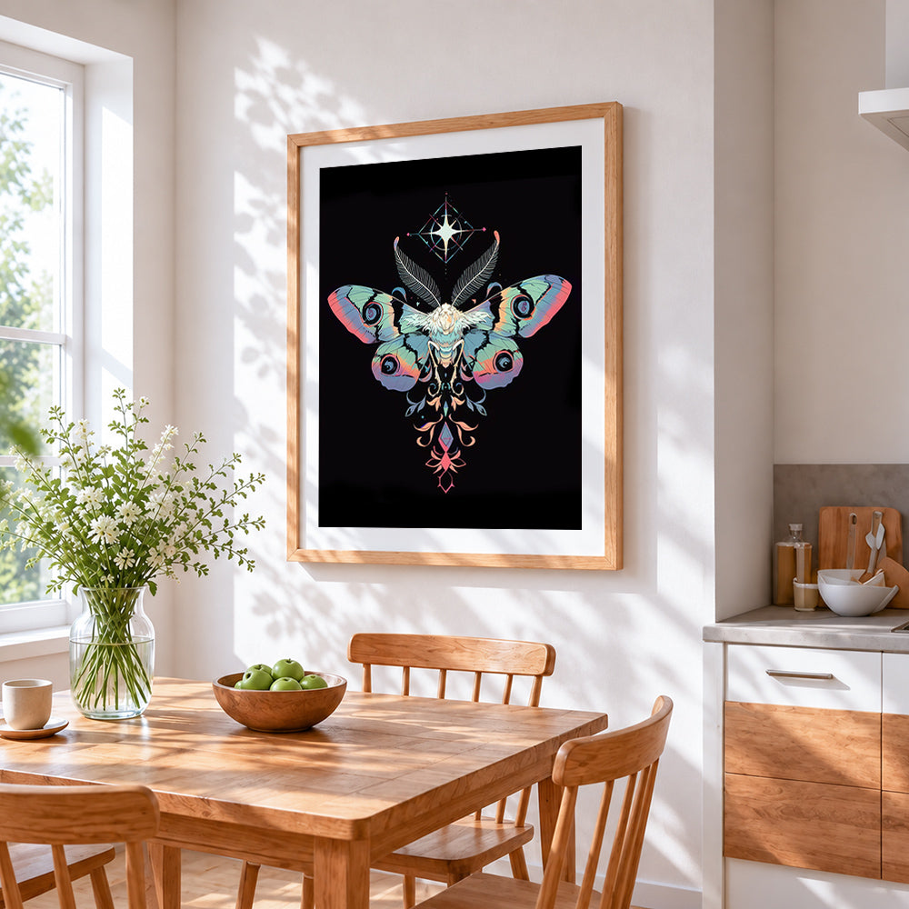 Ornamental luna moth cross stitch artwork displayed on wall as home decor