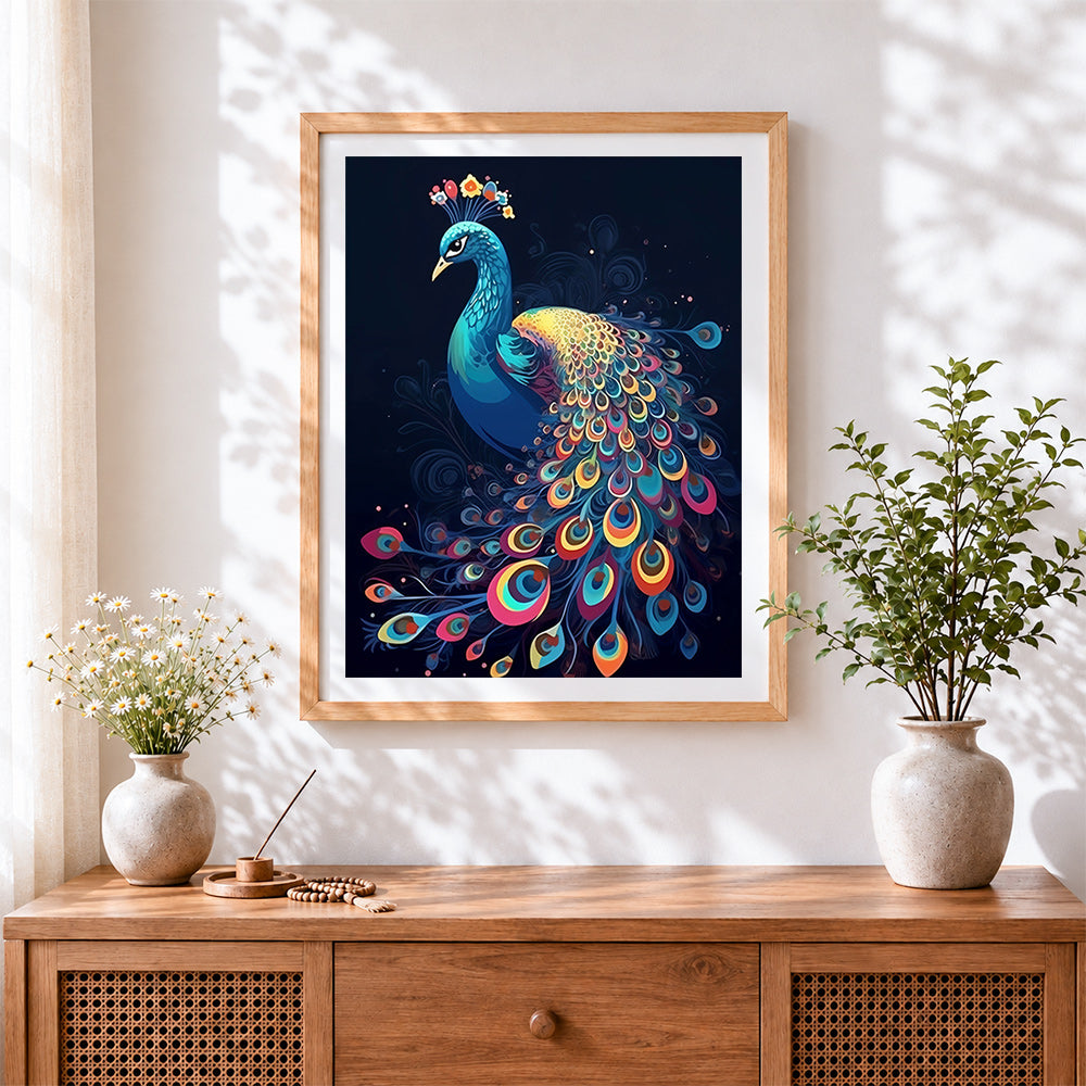 Finished ornamental peacock on dark background cross stitch artwork displayed