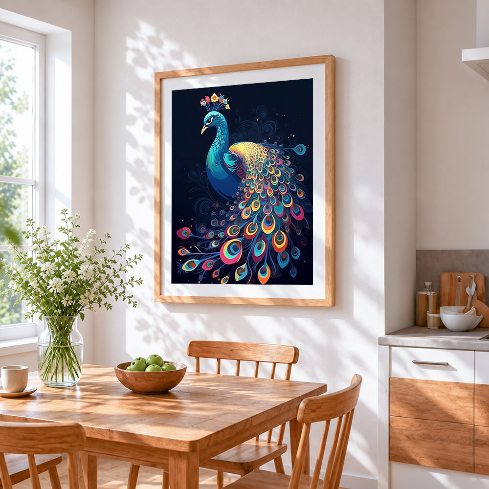 Ornamental peacock on dark background cross stitch artwork displayed on wall as home decor