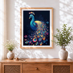 Finished ornamental peacock on dark background paint by numbers artwork displayed as home decor