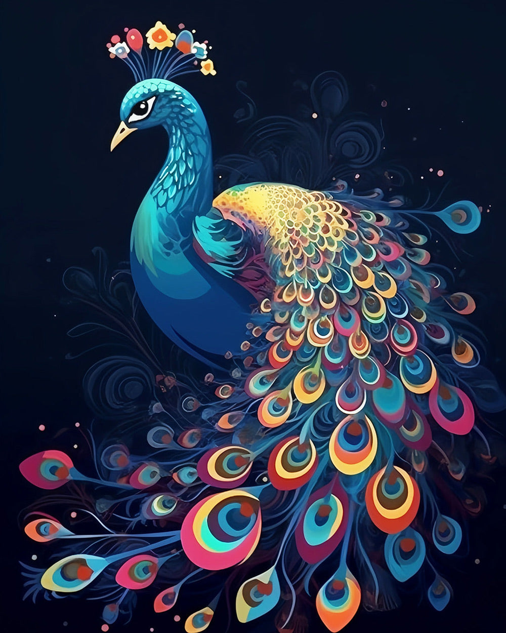 Ornamental peacock on dark background paint by numbers kit for beginners