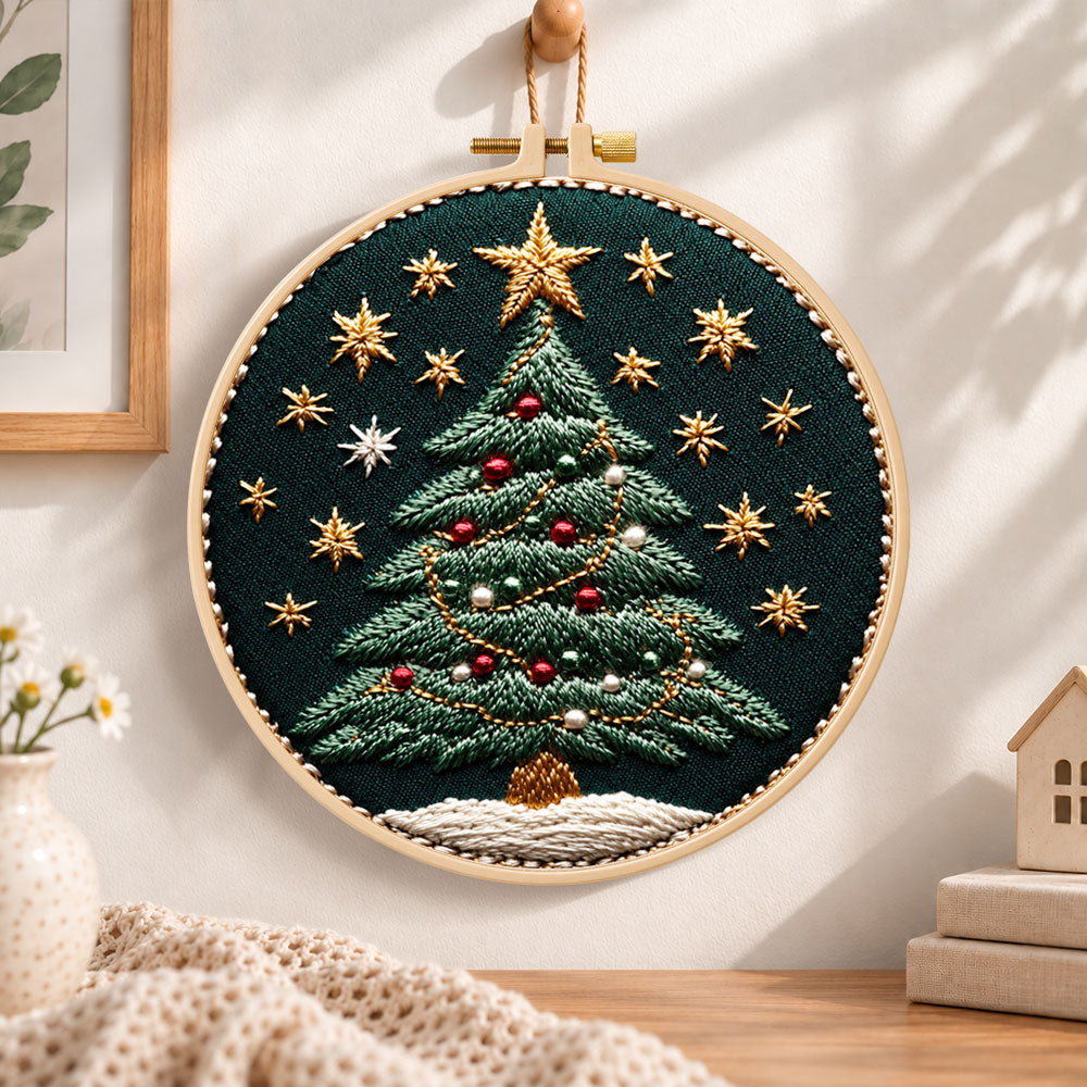Ornamented christmas tree embroidery hoop wall art displayed as warm and cosy handmade home decor