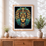 Finished ornate art deco lion cross stitch artwork displayed