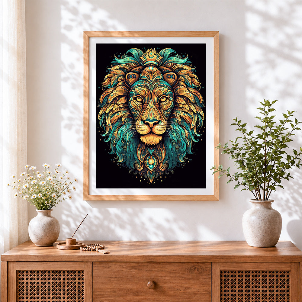 Finished ornate art deco lion cross stitch artwork displayed