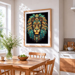 Ornate art deco lion cross stitch artwork displayed on wall as home decor