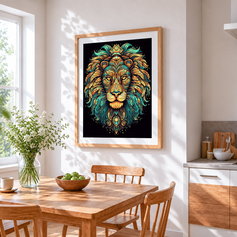 Ornate art deco lion cross stitch artwork displayed on wall as home decor