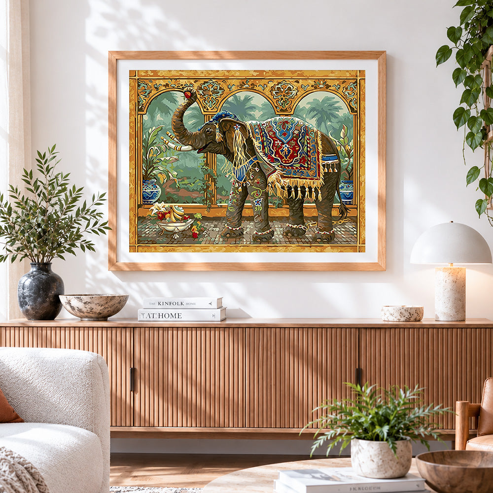 Finished ornate decorative elephant beside the arch cross stitch artwork displayed