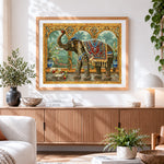 Finished ornate decorative elephant beside the arch cross stitch artwork displayed