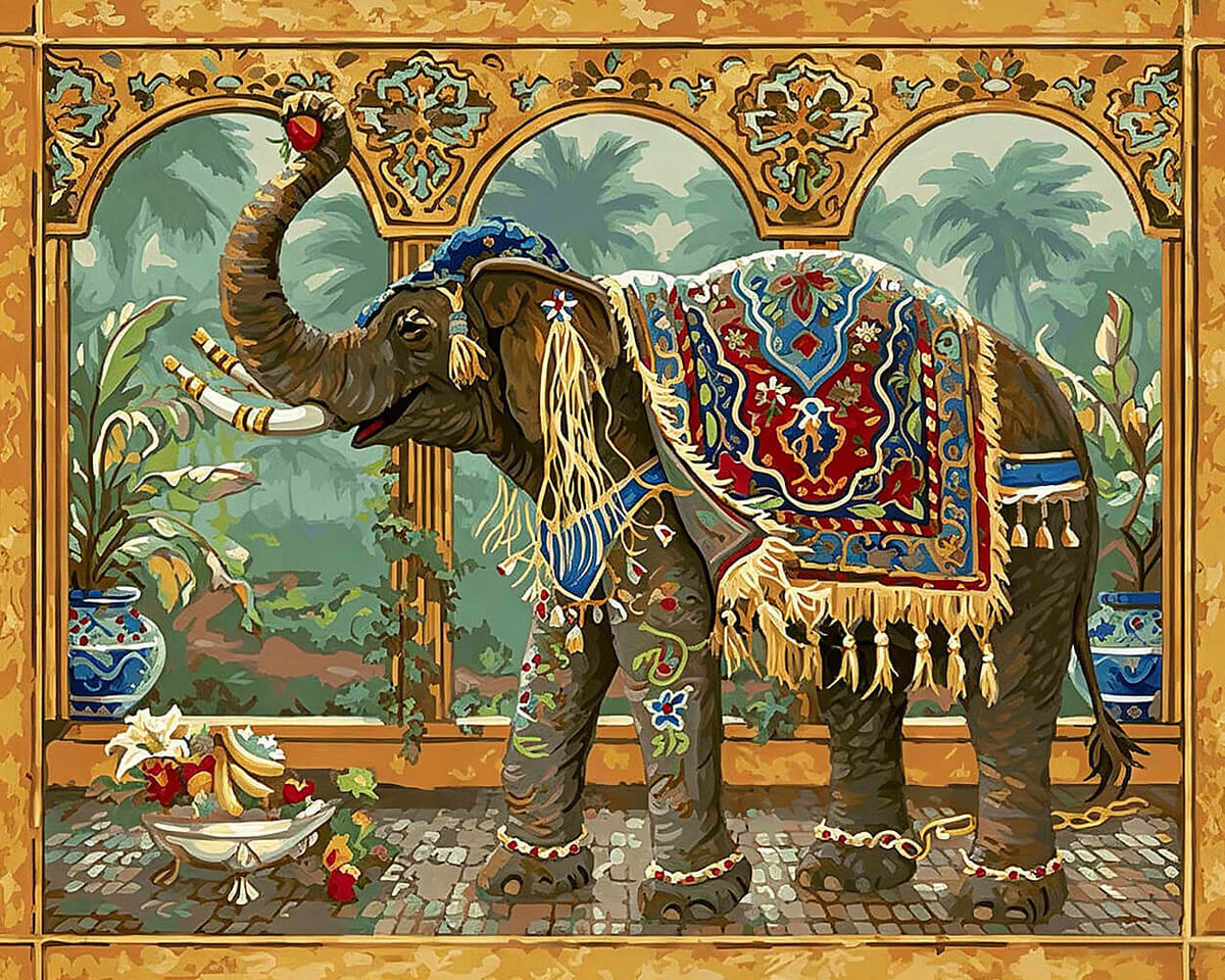 Ornate decorative elephant beside the arch cross stitch kit for beginners