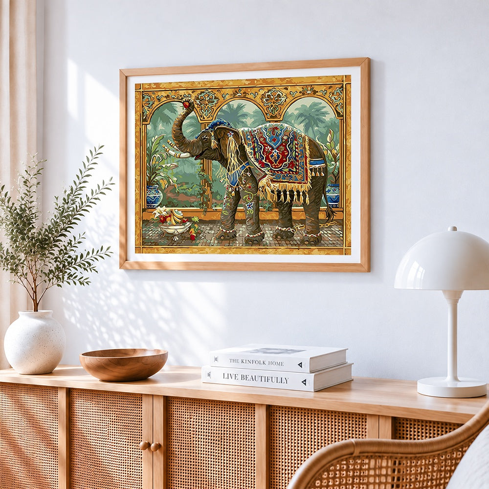 Ornate decorative elephant beside the arch cross stitch artwork displayed on wall as home decor