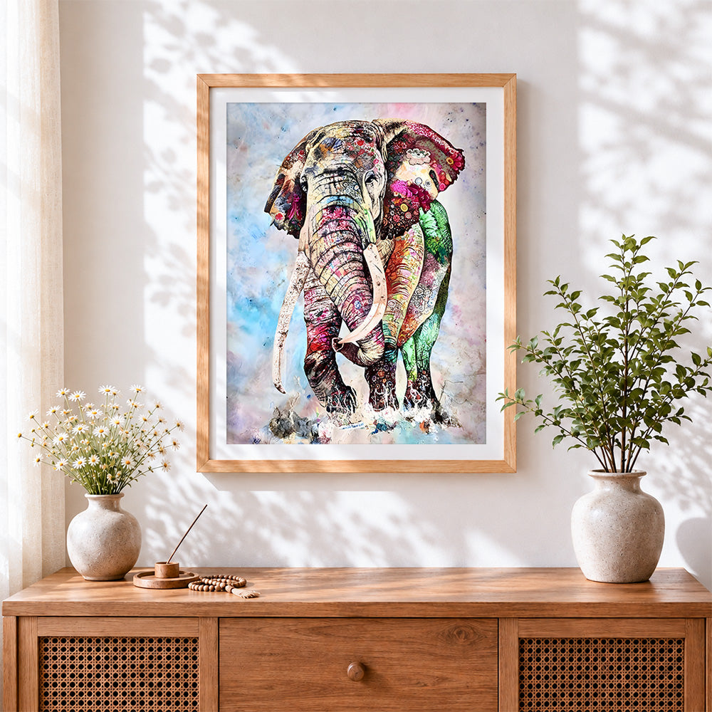Finished ornate decorative elephant cross stitch artwork displayed