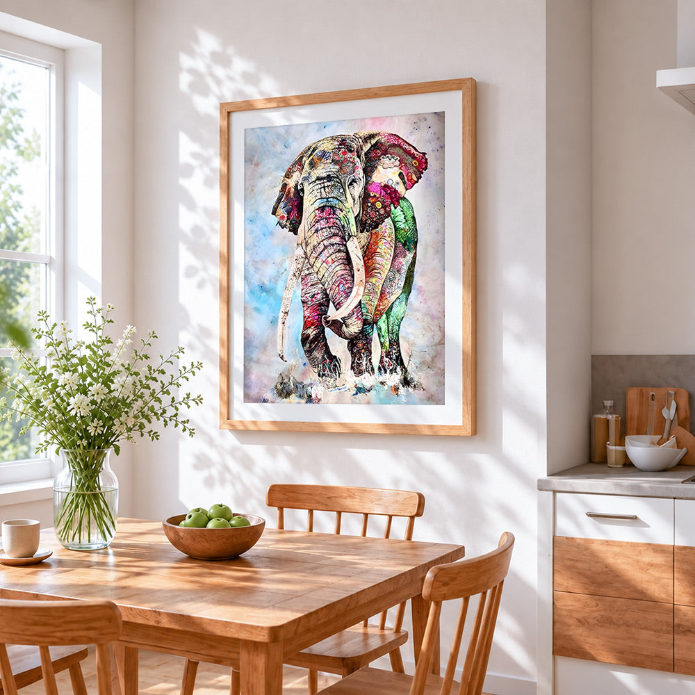 Ornate decorative elephant paint by numbers artwork displayed on wall as home decor