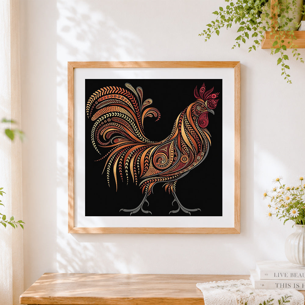 Finished ornate decorative rooster cross stitch artwork displayed