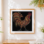 Finished ornate decorative rooster cross stitch artwork displayed