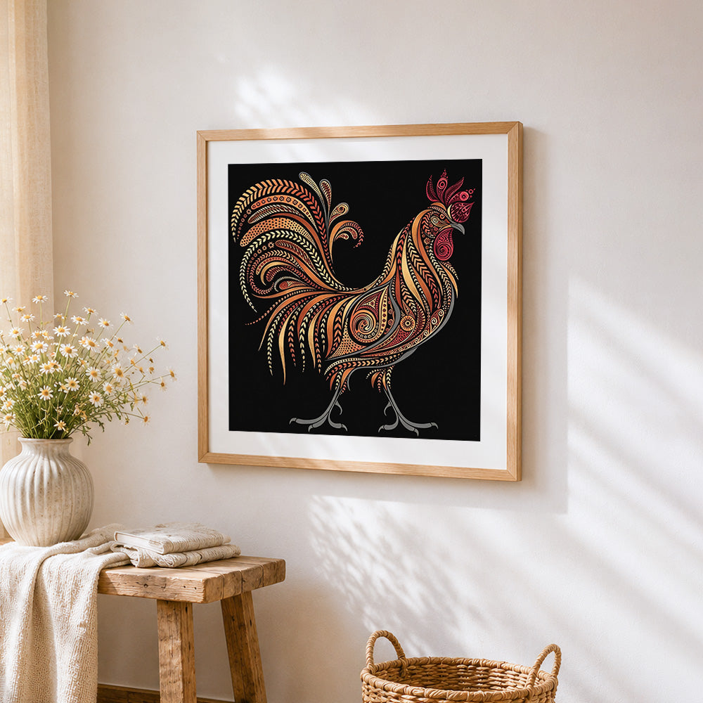 Ornate decorative rooster cross stitch artwork displayed on wall as home decor