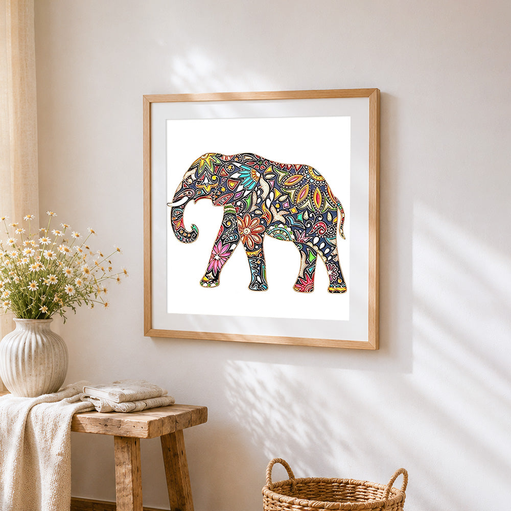 Ornate floral elephant cross stitch artwork displayed on wall as home decor