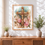Finished ornate gold cross with pink roses cross stitch artwork displayed