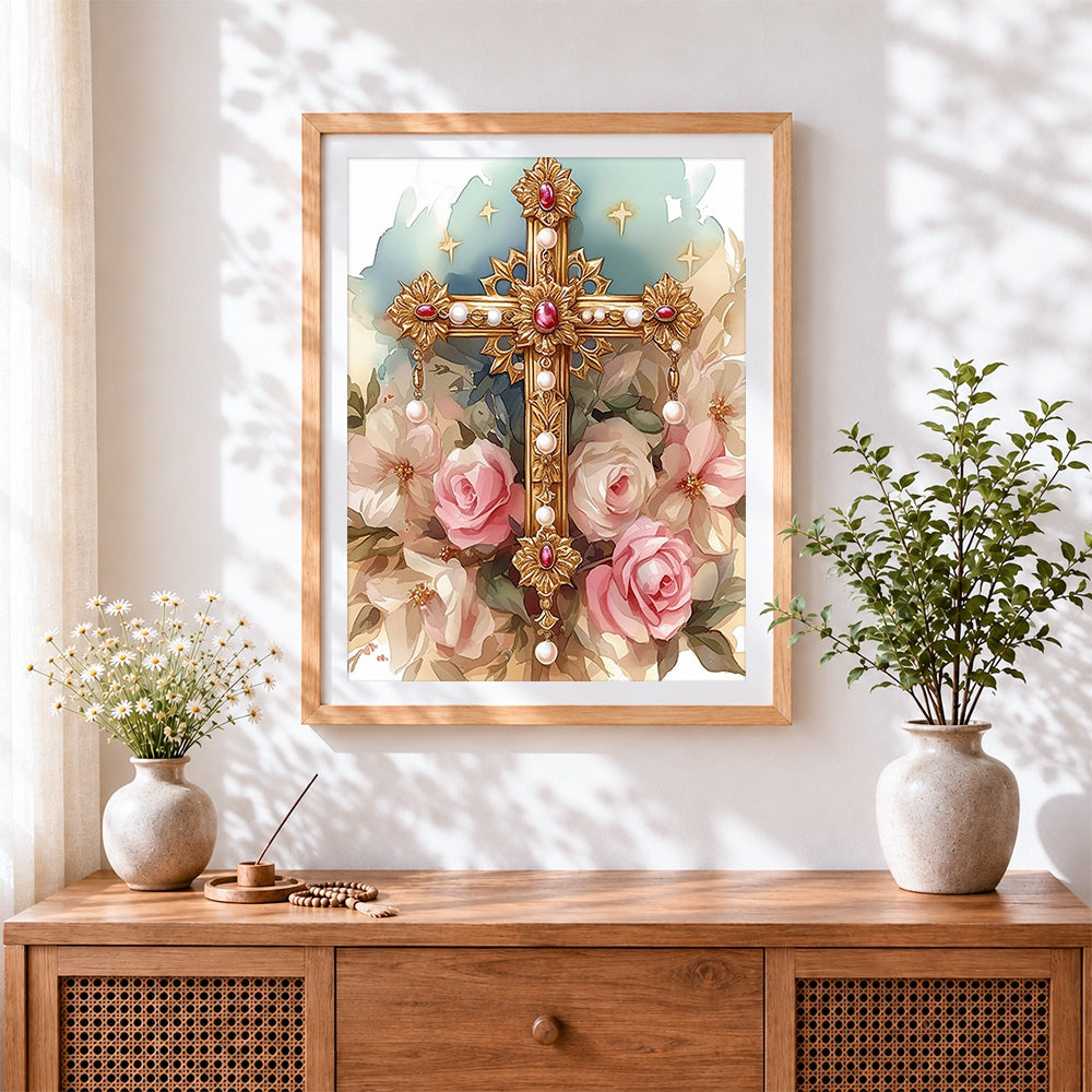 Finished ornate gold cross with pink roses cross stitch artwork displayed
