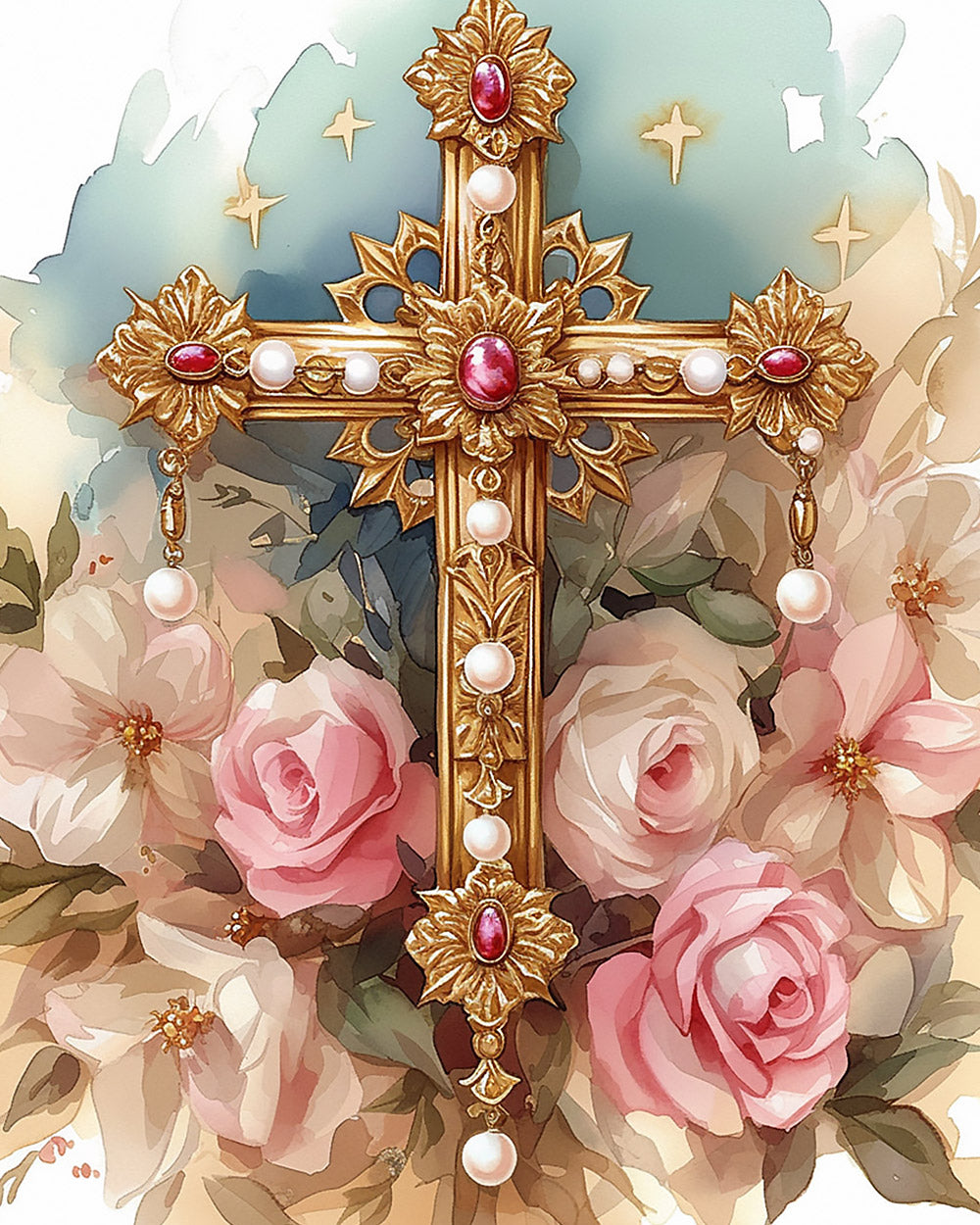 Ornate gold cross with pink roses cross stitch kit for beginners