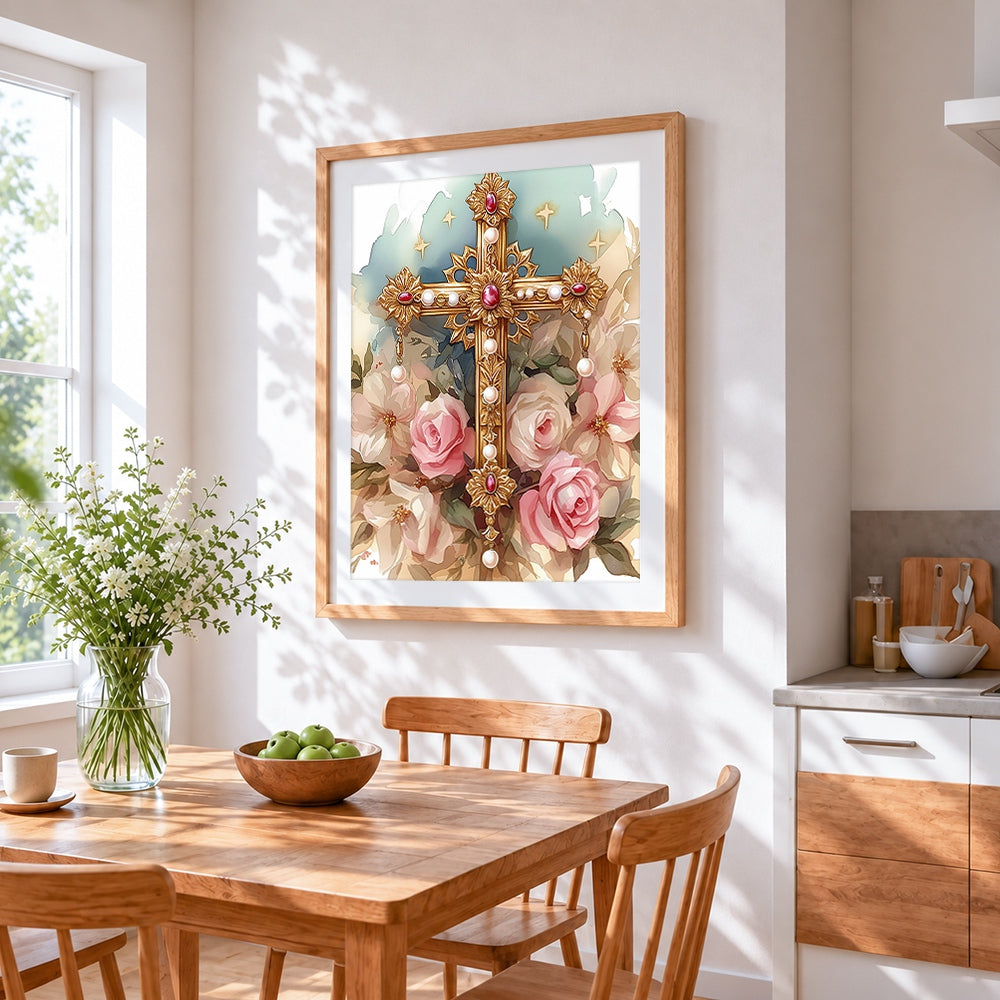Ornate gold cross with pink roses cross stitch artwork displayed on wall as home decor