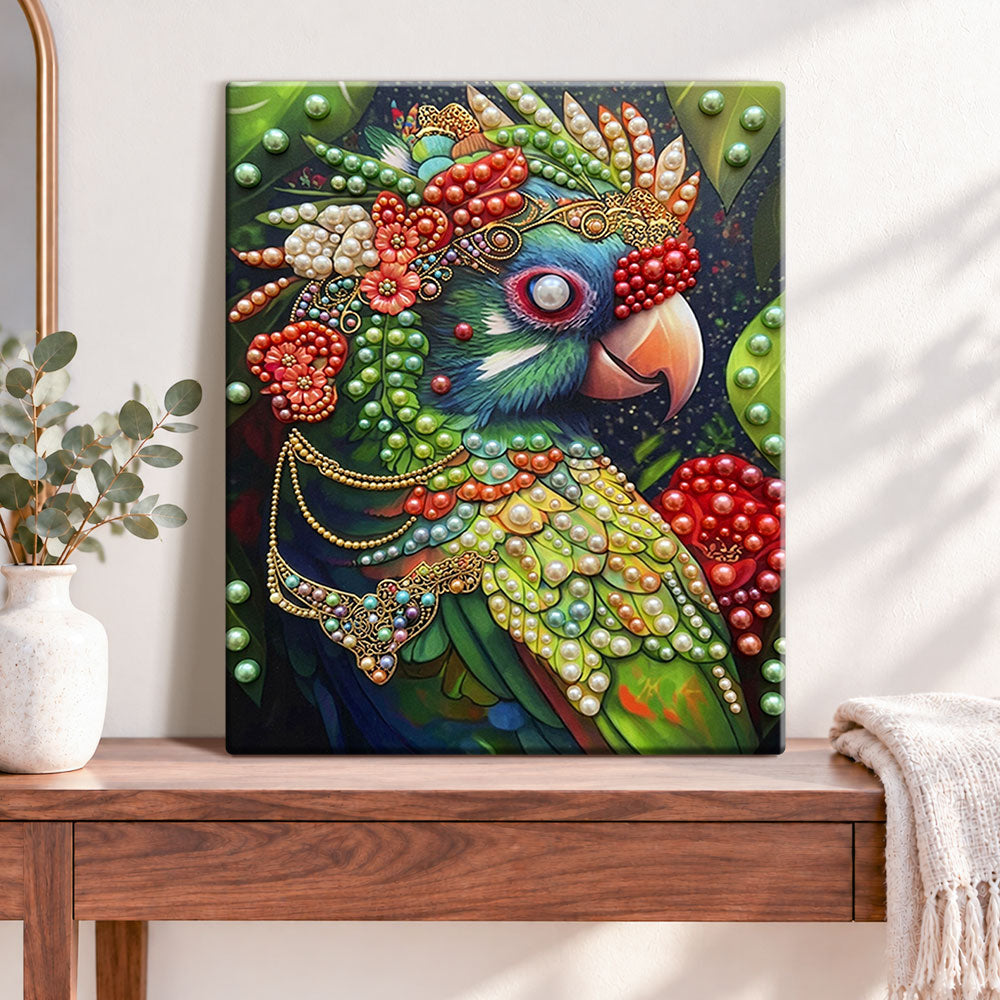 Finished ornate tropical parrot pearl diamond painting artwork displayed as home decor
