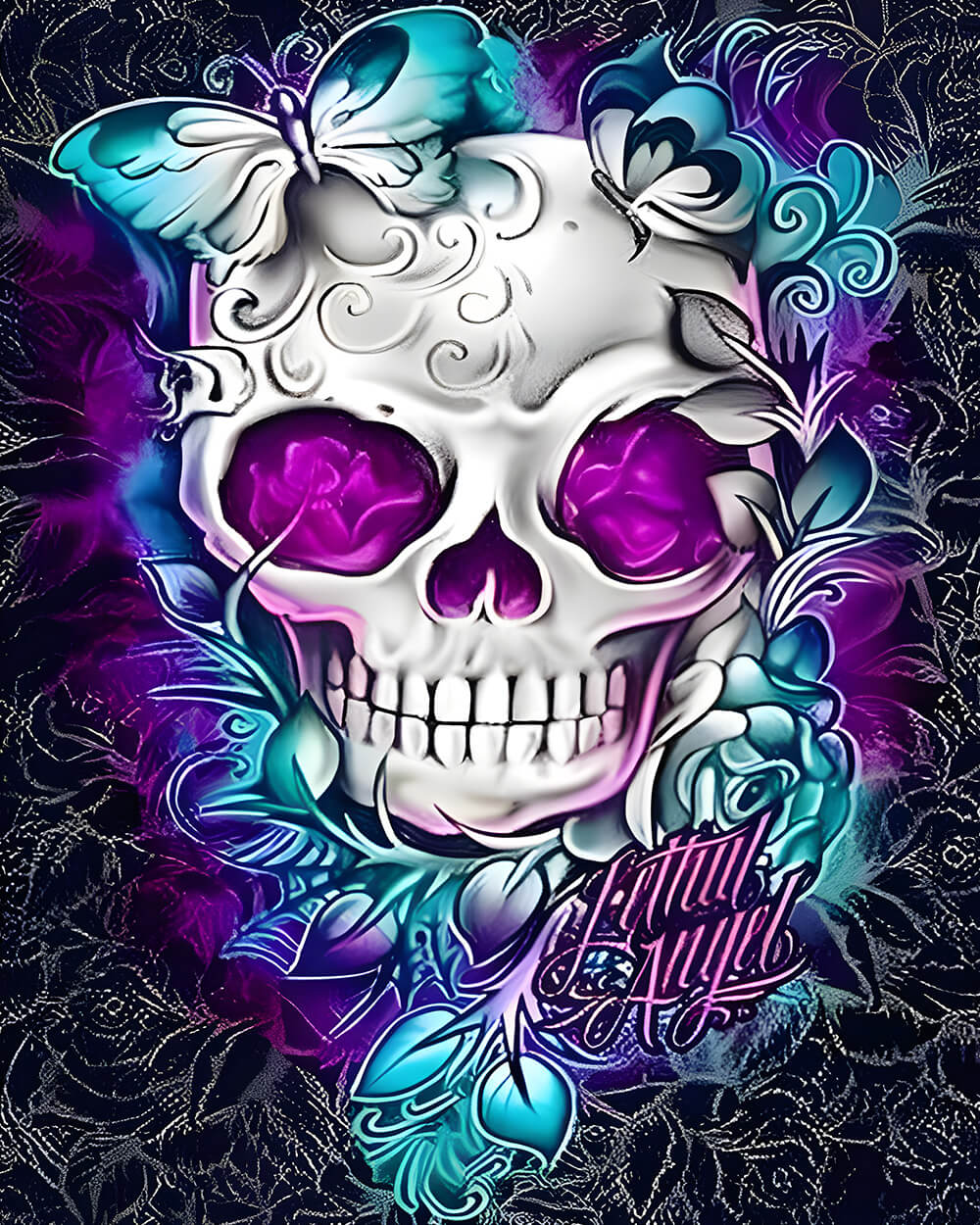 Ornate white skull with purple eyes cross stitch kit for beginners