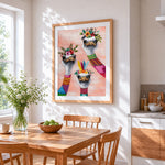 Ostriches with flower crowns cross stitch artwork displayed on wall as home decor