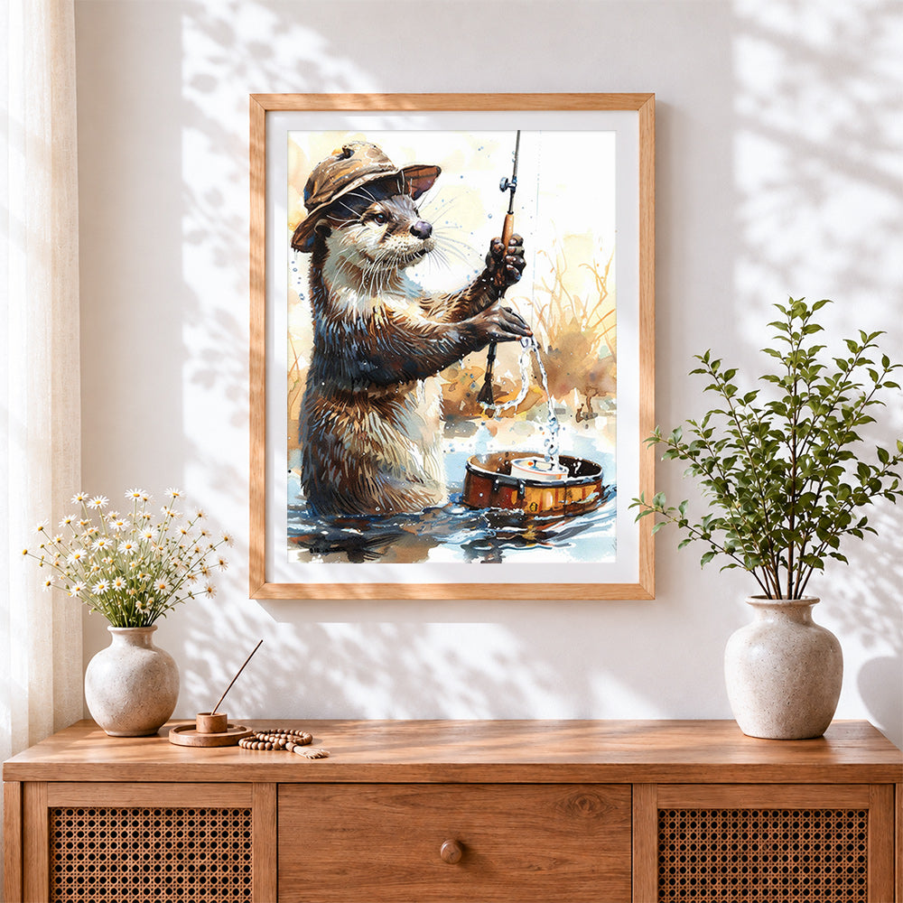 Finished otter fisherman with hat cross stitch artwork displayed