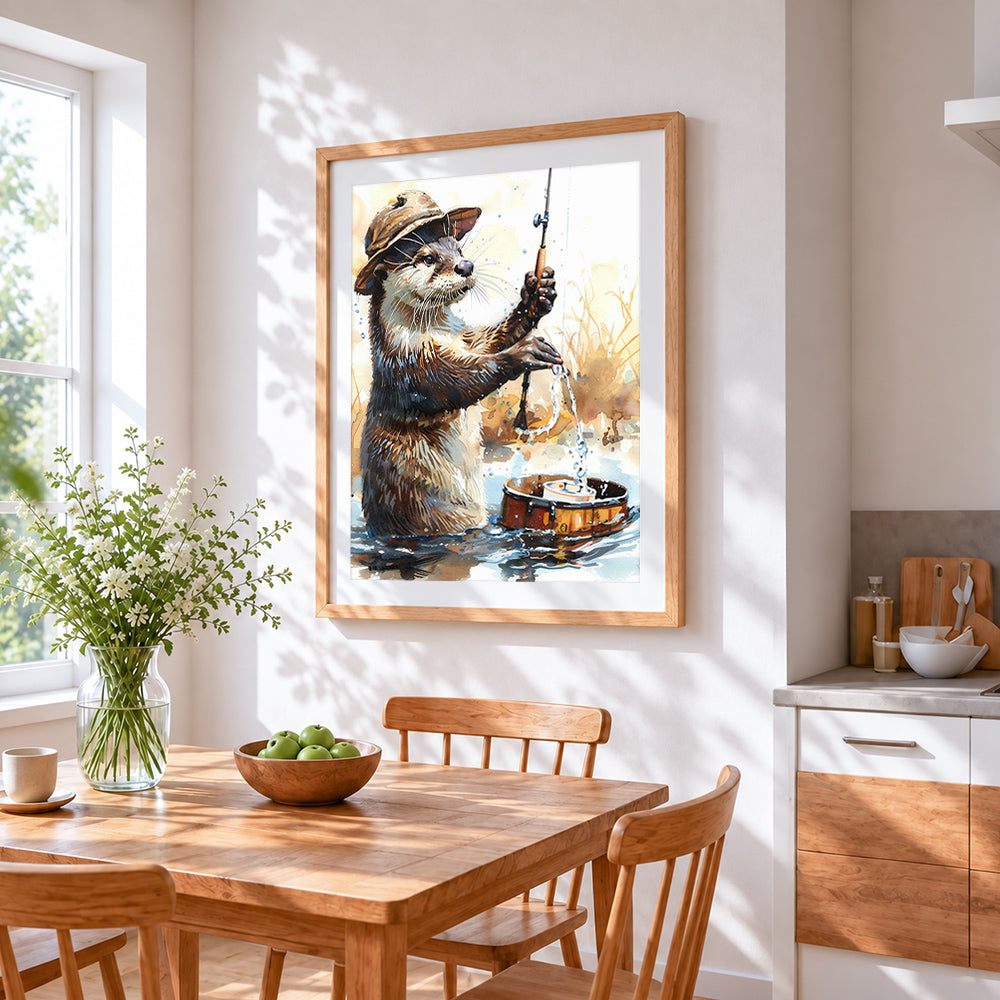 Otter fisherman with hat cross stitch artwork displayed on wall as home decor