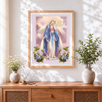 Finished our lady of grace with sacred heart cross stitch artwork displayed