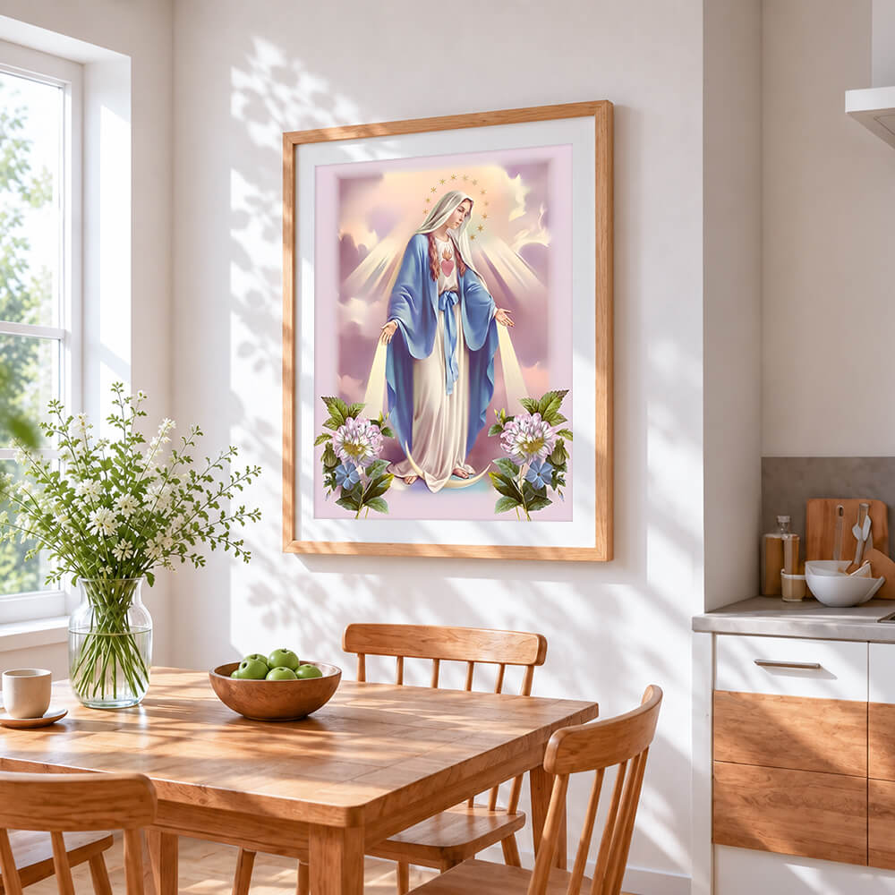 Our lady of grace with sacred heart cross stitch artwork displayed on wall as home decor