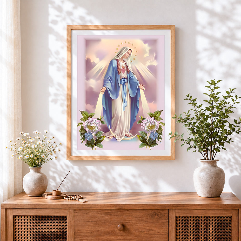 Finished our lady of grace with sacred heart paint by numbers artwork displayed as home decor