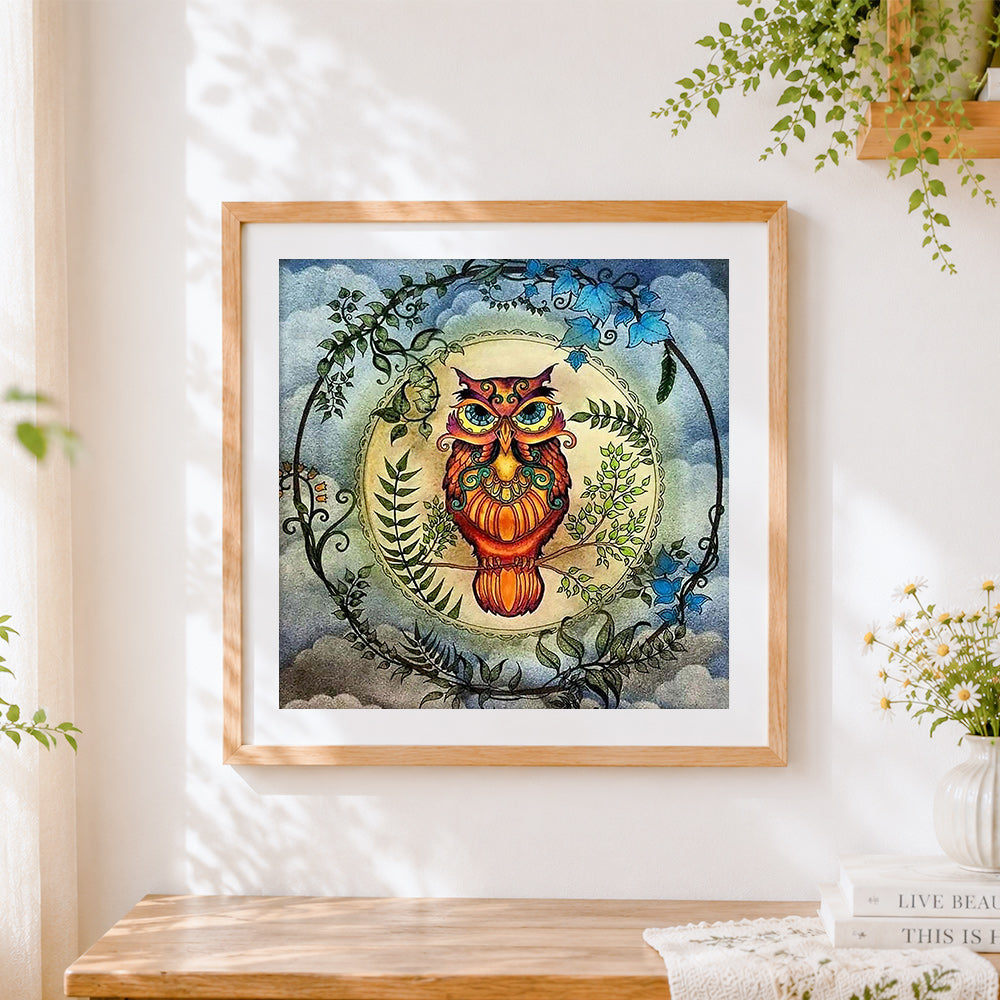 Finished owl among the vines cross stitch artwork displayed