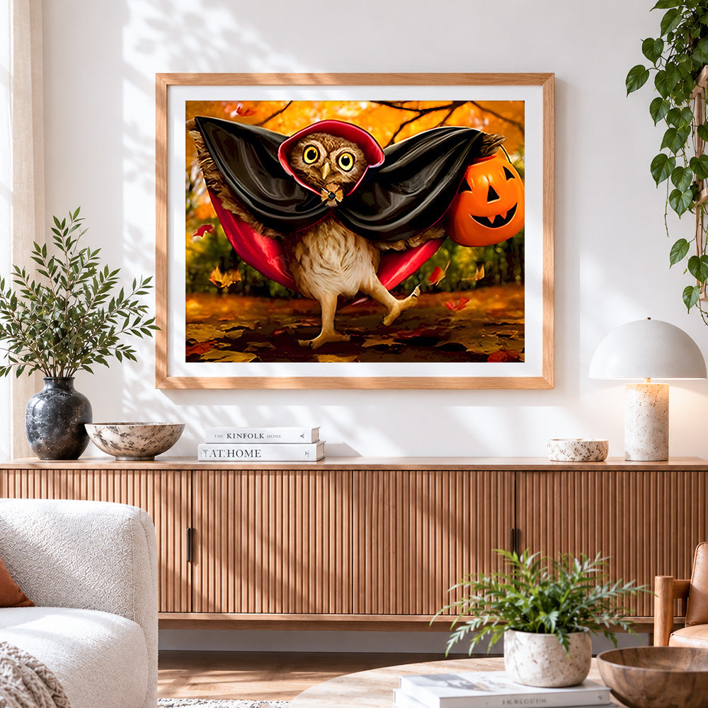 Finished owl dressed as a vampire with pumpkin cross stitch artwork displayed
