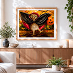 Finished owl dressed as a vampire with pumpkin cross stitch artwork displayed