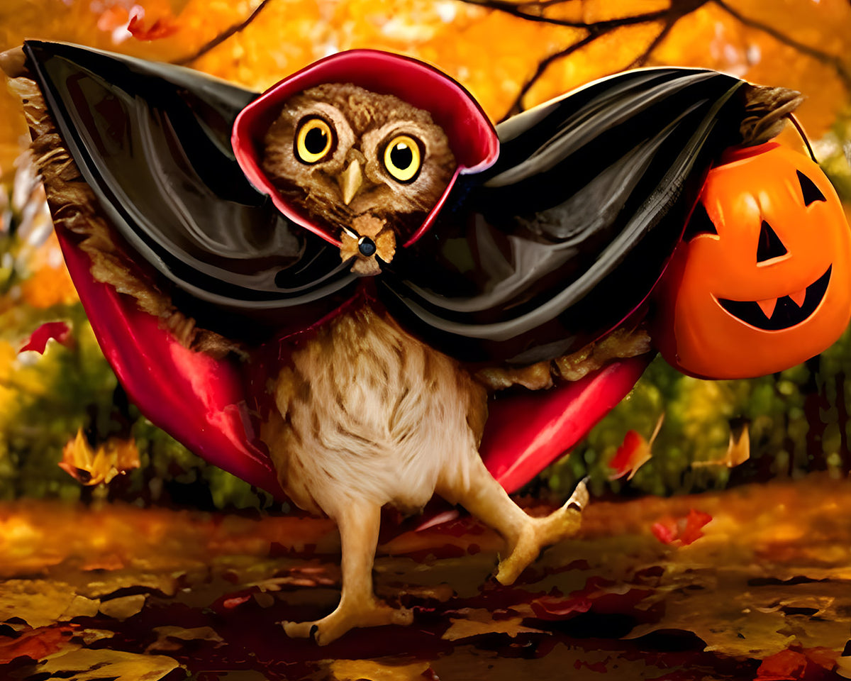 Owl dressed as a vampire with pumpkin cross stitch kit for beginners