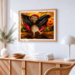 Owl dressed as a vampire with pumpkin cross stitch artwork displayed on wall as home decor