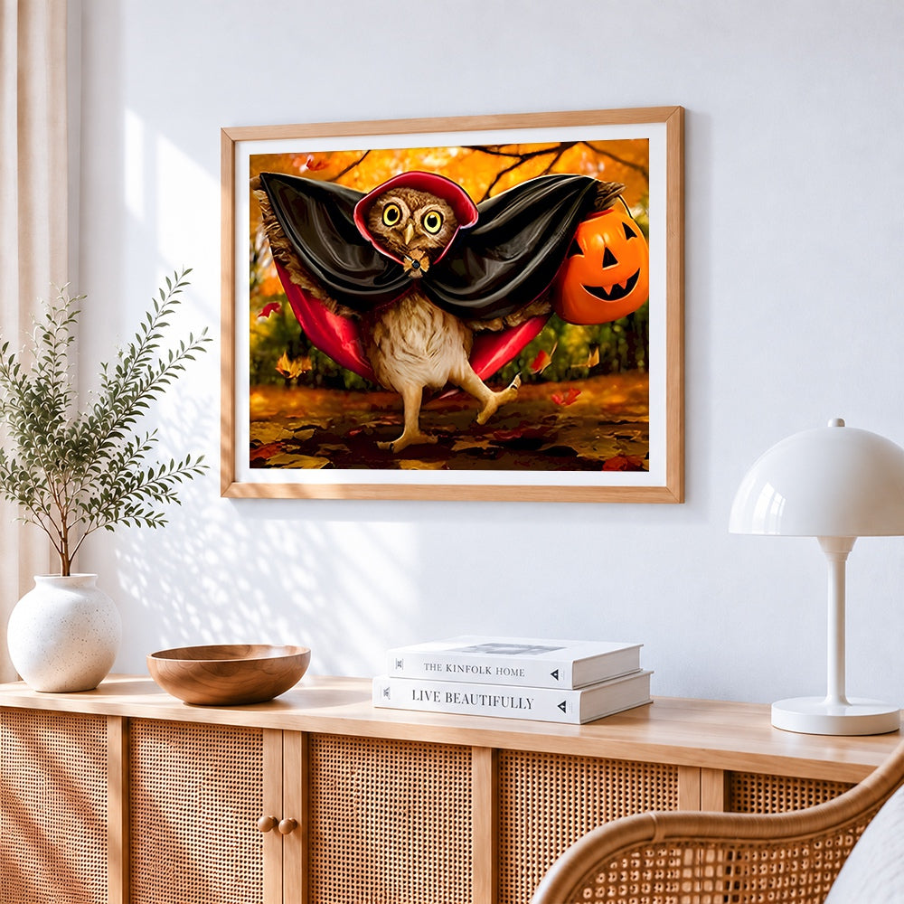 Owl dressed as a vampire with pumpkin cross stitch artwork displayed on wall as home decor