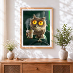 Finished owl drinking coffee cross stitch artwork displayed
