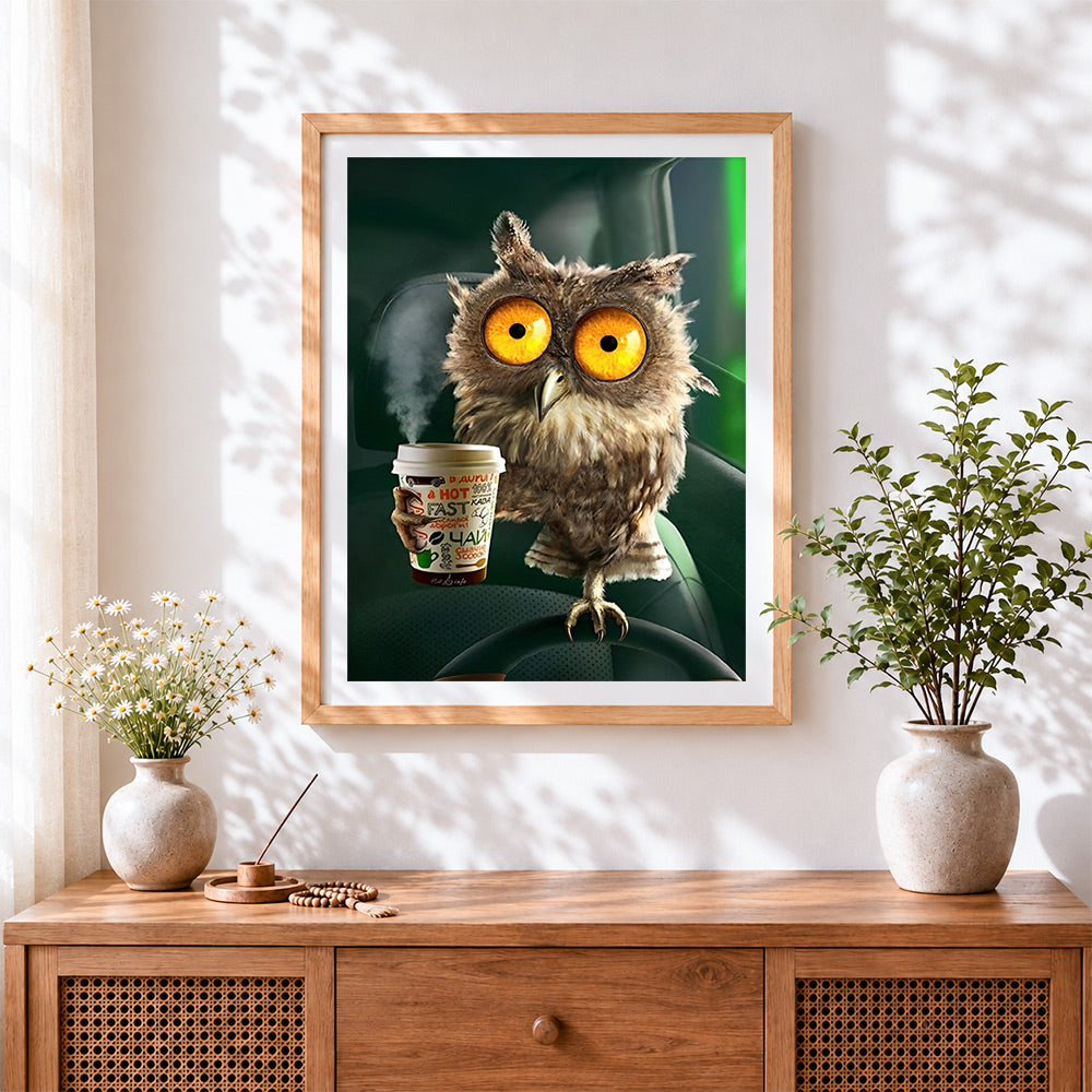 Finished owl drinking coffee cross stitch artwork displayed