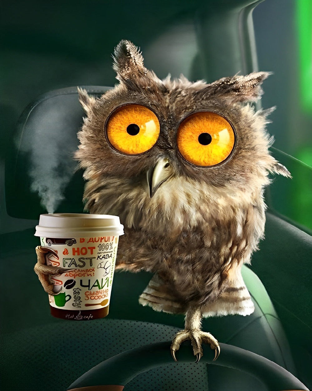 Owl drinking coffee cross stitch kit for beginners