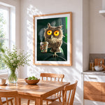 Owl drinking coffee cross stitch artwork displayed on wall as home decor