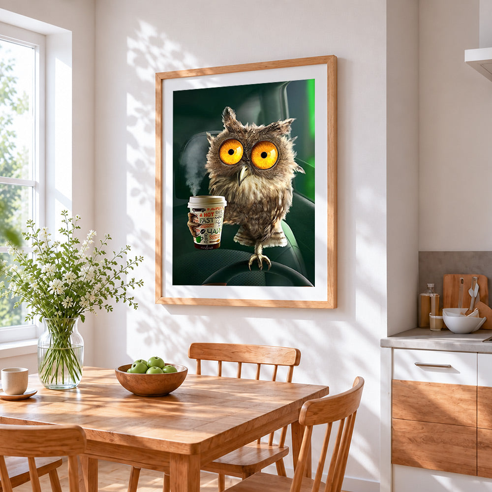 Owl drinking coffee cross stitch artwork displayed on wall as home decor
