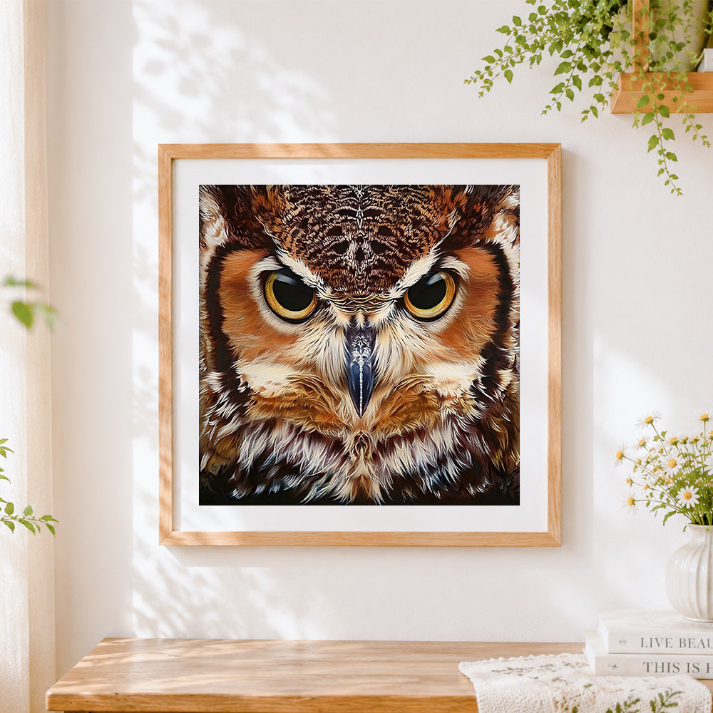 Finished owl face close-up cross stitch artwork displayed