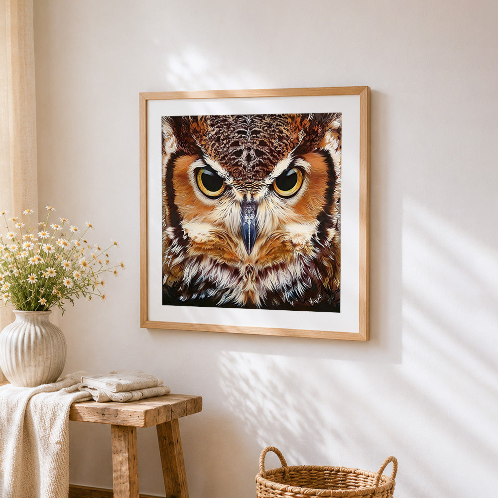 Owl face close-up cross stitch artwork displayed on wall as home decor