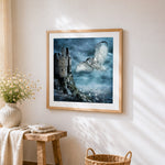 Owl flying over gothic castle cross stitch artwork displayed on wall as home decor