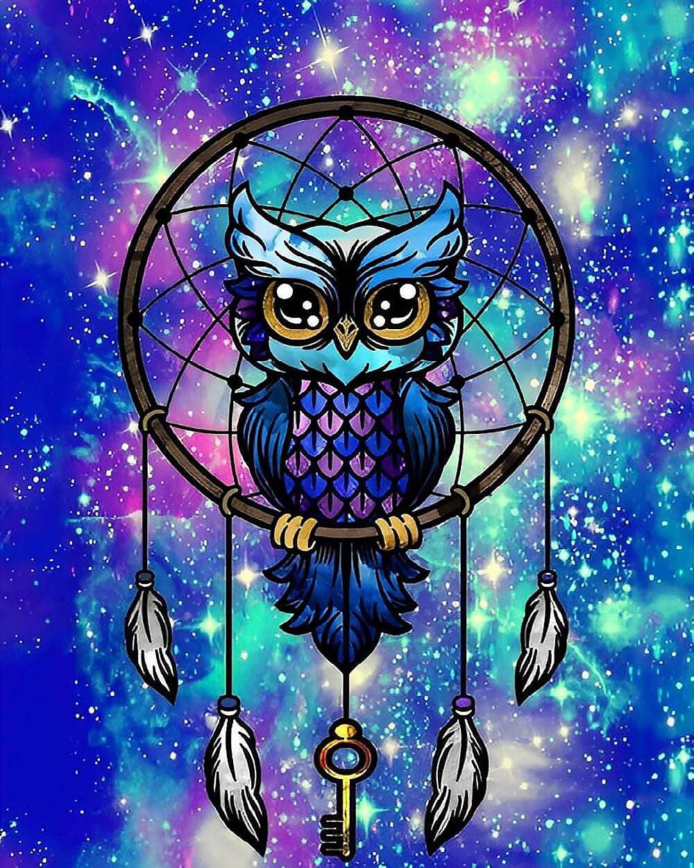 Owl in a fantasy dreamcatcher cross stitch kit for beginners