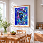 Owl in a fantasy dreamcatcher cross stitch artwork displayed on wall as home decor